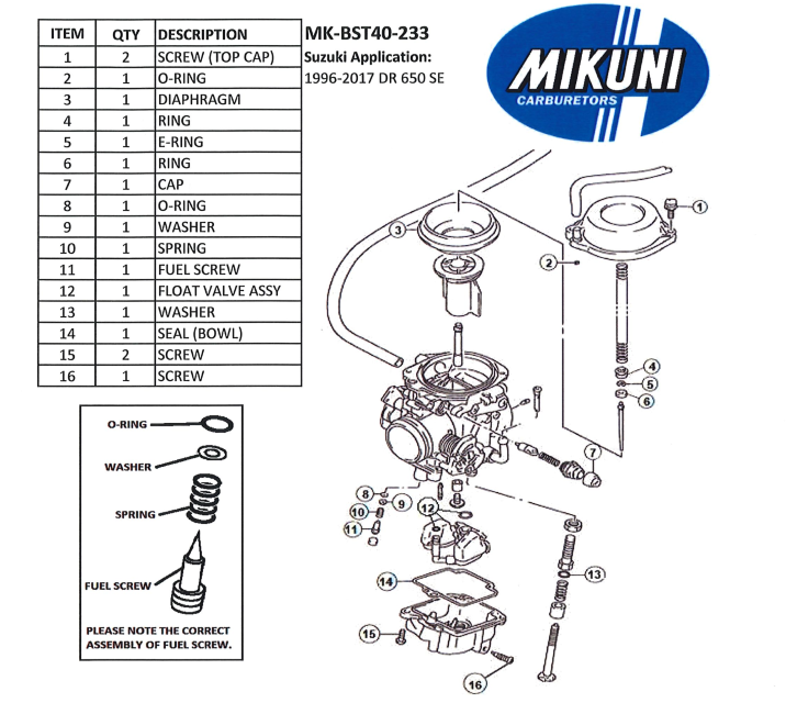 BST40-233 Mikuni Rebuild Kit Suzuki DR650 SE BST40 '96-2017