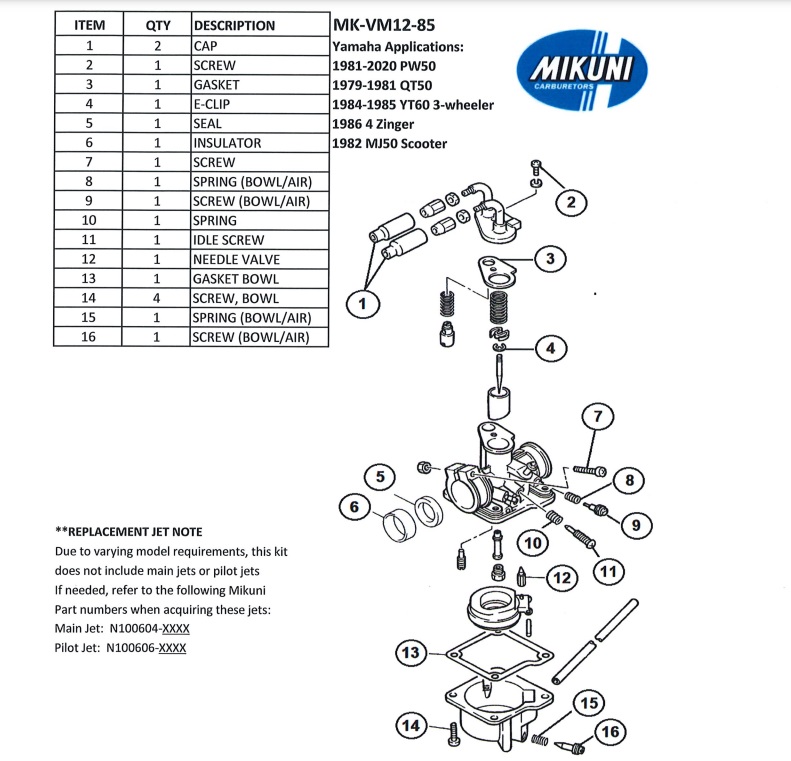 VM12-85 Mikuni Rebuild Kit Yamaha PW50, QT50, YT30, Zinger, MJ50 ...